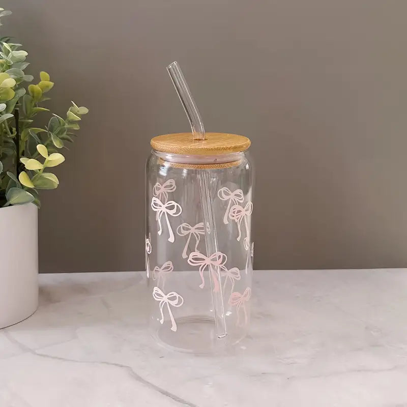 Pink bows glass cup / 16oz glass cup / glass cup with bamboo lid and glass straw/ iced coffee cup