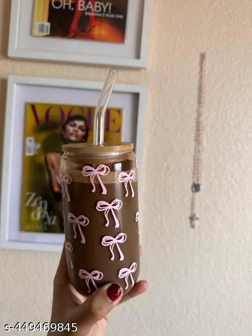 Pink bows glass cup / 16oz glass cup / glass cup with bamboo lid and glass straw/ iced coffee cup