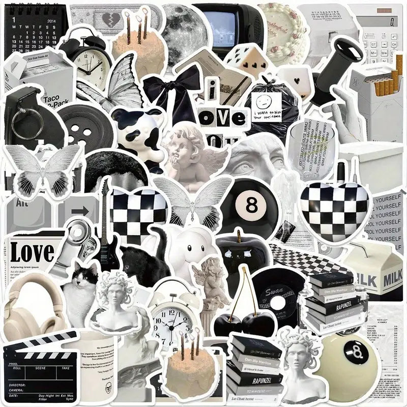 61 pcs Cute Aesthetic Stickers Black and White (Y2k & Vintage)