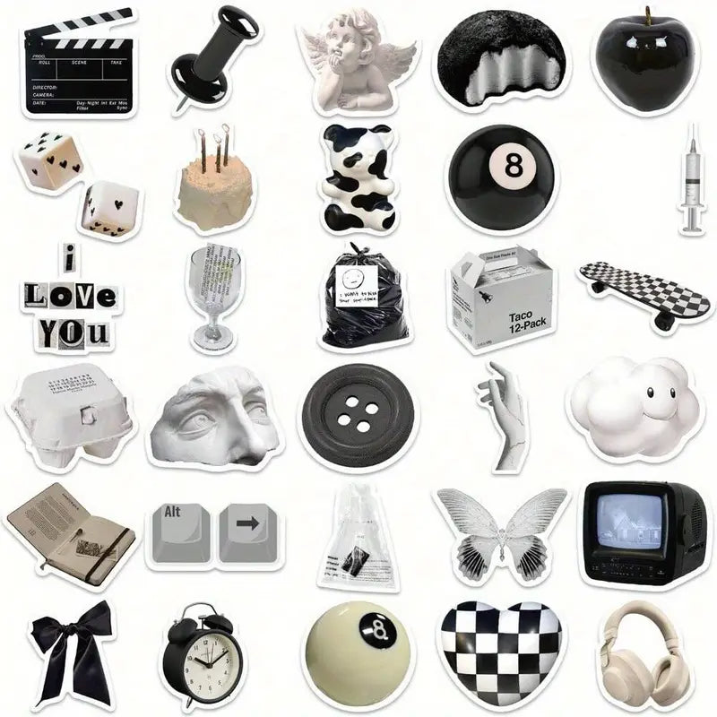 61 pcs Cute Aesthetic Stickers Black and White (Y2k & Vintage)