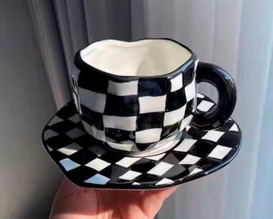 Aesthetic Checkered Mug and Saucer Set
