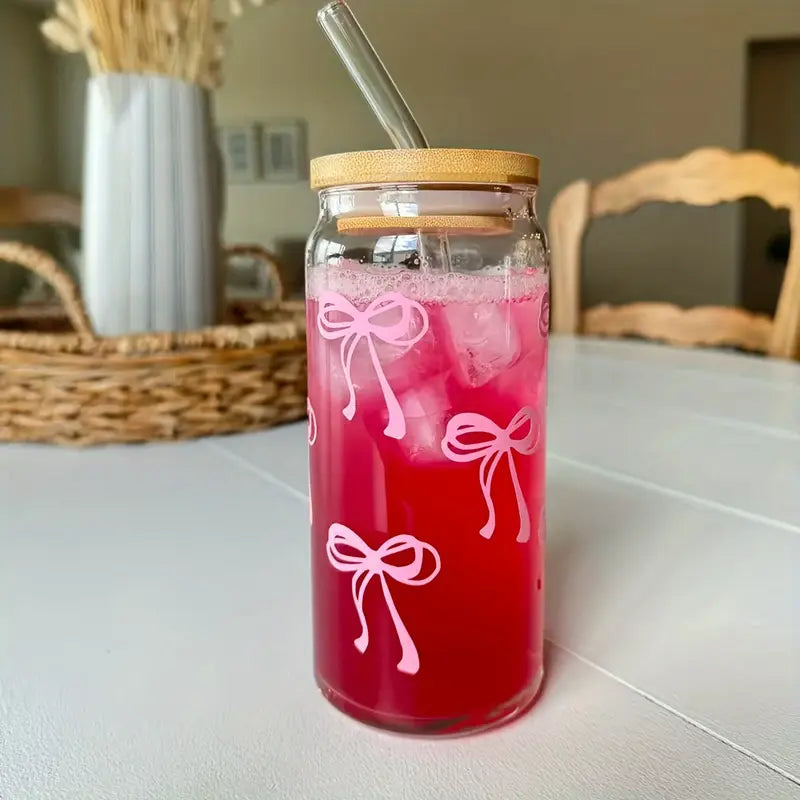 Pink bows glass cup / 16oz glass cup / glass cup with bamboo lid and glass straw/ iced coffee cup