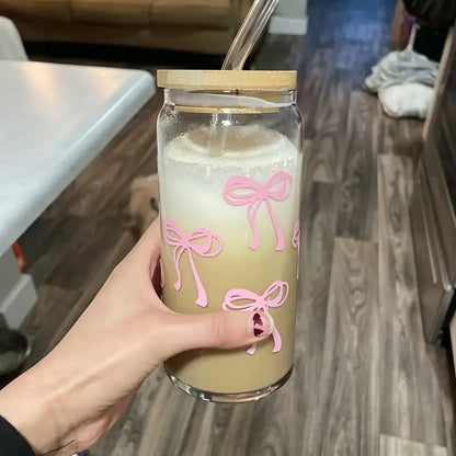 Pink bows glass cup / 16oz glass cup / glass cup with bamboo lid and glass straw/ iced coffee cup