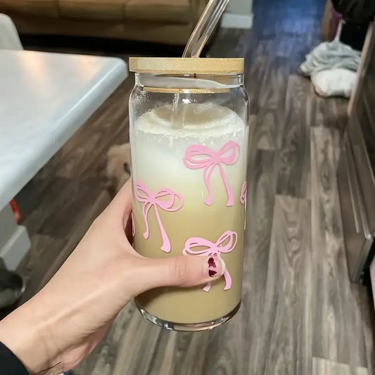 Pink bows glass cup / 16oz glass cup / glass cup with bamboo lid and glass straw/ iced coffee cup