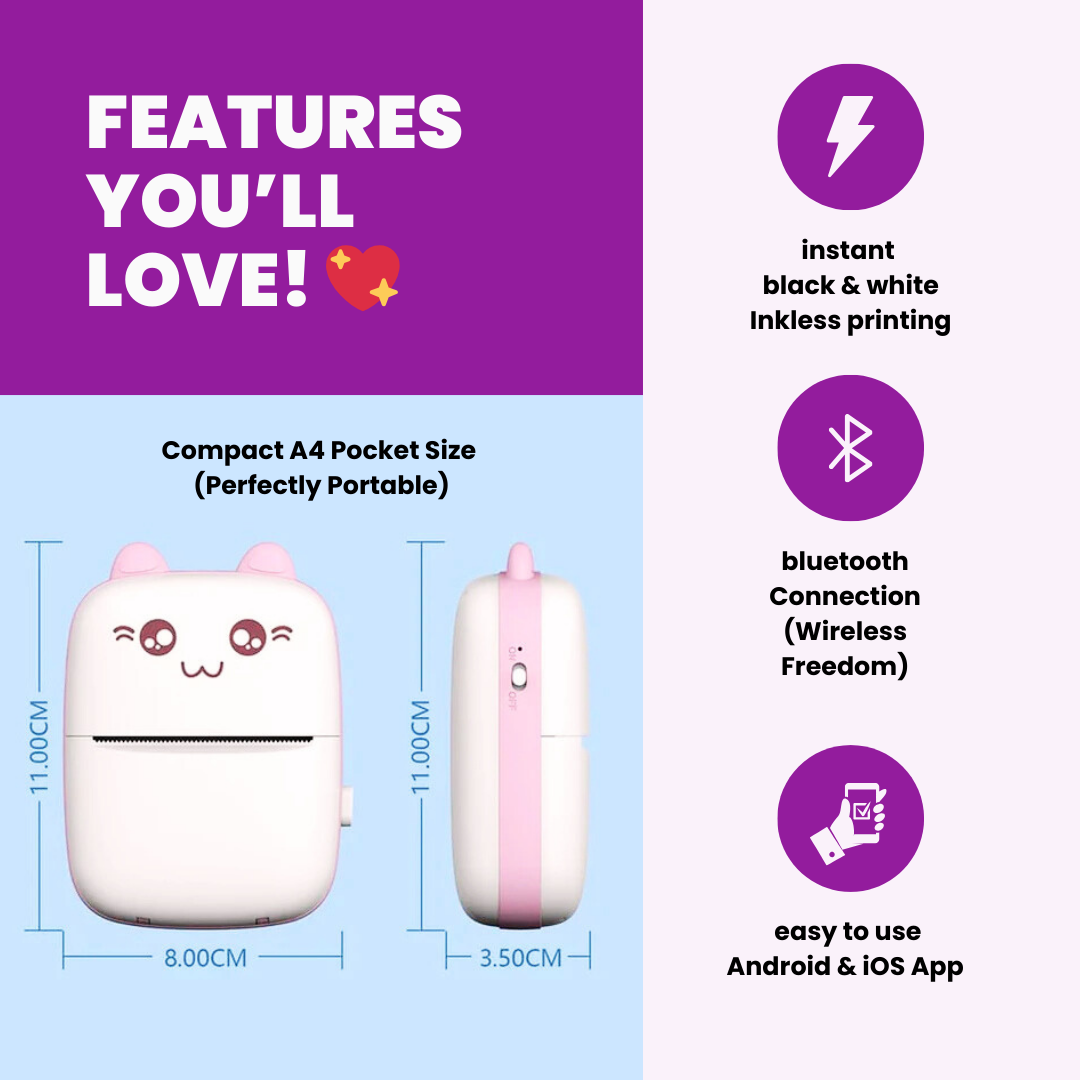 Inkless Mini Printer (Portable Thermal Bluetooth & Wireless) - Pink - printer