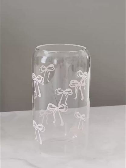 Pink bows glass cup / 16oz glass cup / glass cup with bamboo lid and glass straw/ iced coffee cup