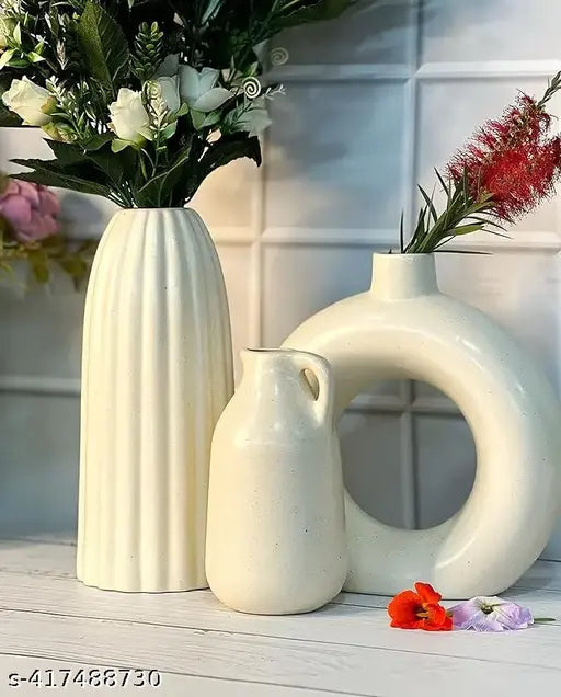 Ceramic Off White Vases Set of 3, Ceramic Flower Pot and vase for Modern Home Decor, Living Room, Bedroom, Dining Table |10" Ribbed Vase, 6" Donut Vase, 7" Milkjar Vase