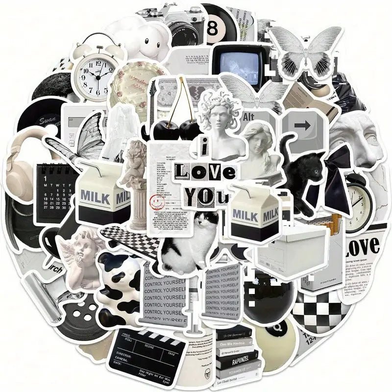 Cute Aesthetic y2k Stickers Black and White – 61PCS Vinyl Sticker Waterproof Retro Vintage Pack for Laptop, Water Bottle, Scrapbook & More! 1 Cute Aesthetic Y2K Stickers Black and White 61PCS Vinyl Pack – Waterproof Retro Vintage Sticker Set for Laptop, Water Bottle, Scrapbook