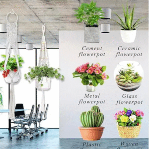 Macrame plant hanger set with five different styles, suitable for various pot sizes, crafted for easy hanging on walls or ceilings
