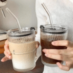 Striped Glass Cup with Straw & Lid