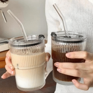 Striped Glass Cup with Straw & Lid