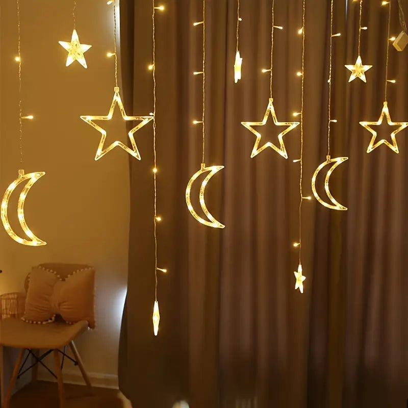 1 Pc LED Star Moon Curtain Lights 1 led star and moon curtain lights Decorative Twinkle LED Moon & Star Curtain Warm White String Light, 3.5 Meters long & 8 Flashing Modes