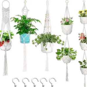 5-pack of handmade macrame plant hangers made from durable cotton rope, ideal for boho-style home decor.
