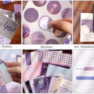 Aesthetic journaling supplies laid out, including vintage-themed scrapbook stickers and decorative papers.
