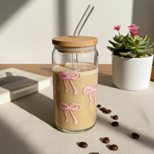Pink bows glass cup 16oz glass cup glass cup with bamboo lid and glass straw iced coffee cup