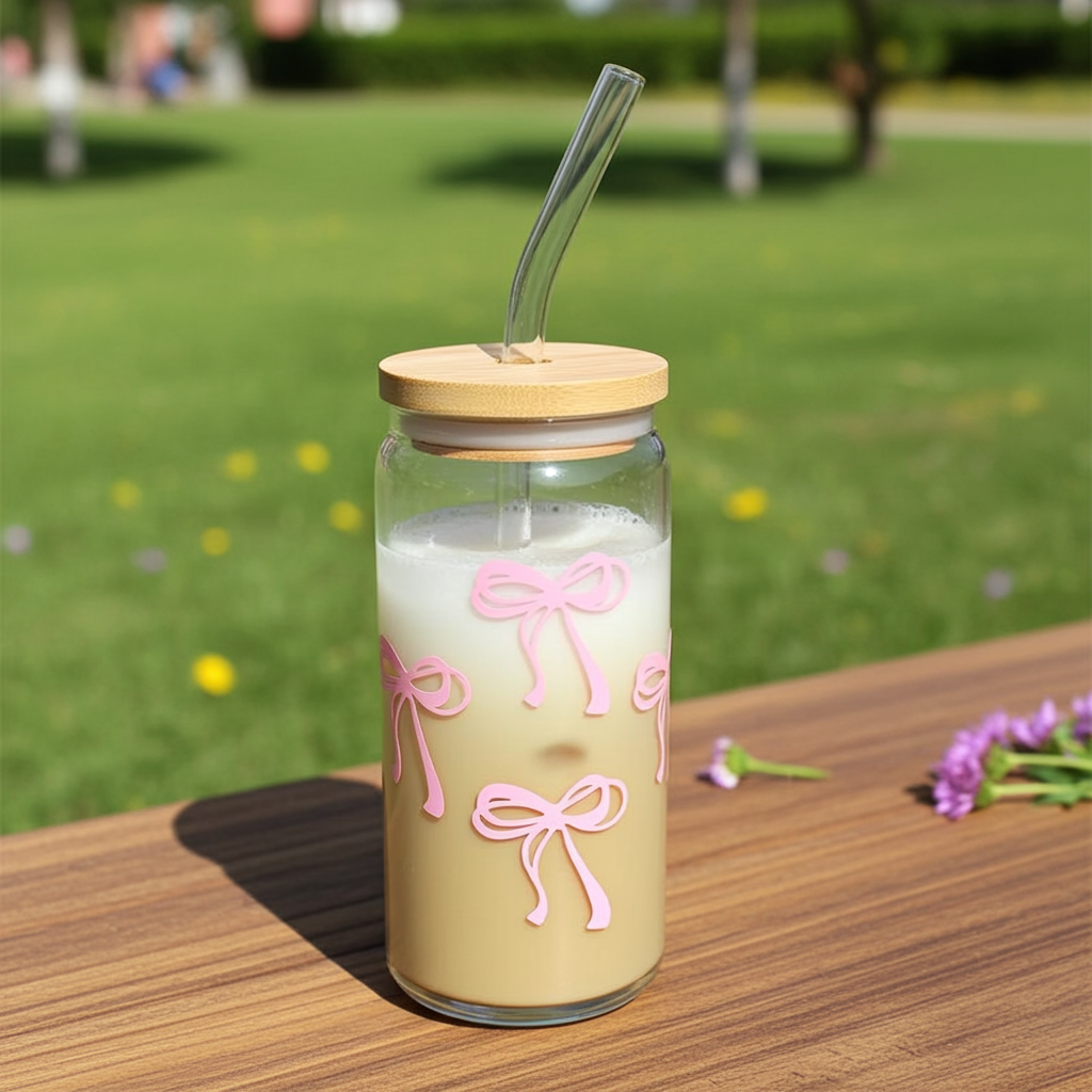 Pink bows glass cup / 16oz glass cup / glass cup with bamboo lid and glass straw/ iced coffee cup 4 Pink bows glass cup 16oz glass cup glass cup with bamboo lid and glass straw iced coffee cup
