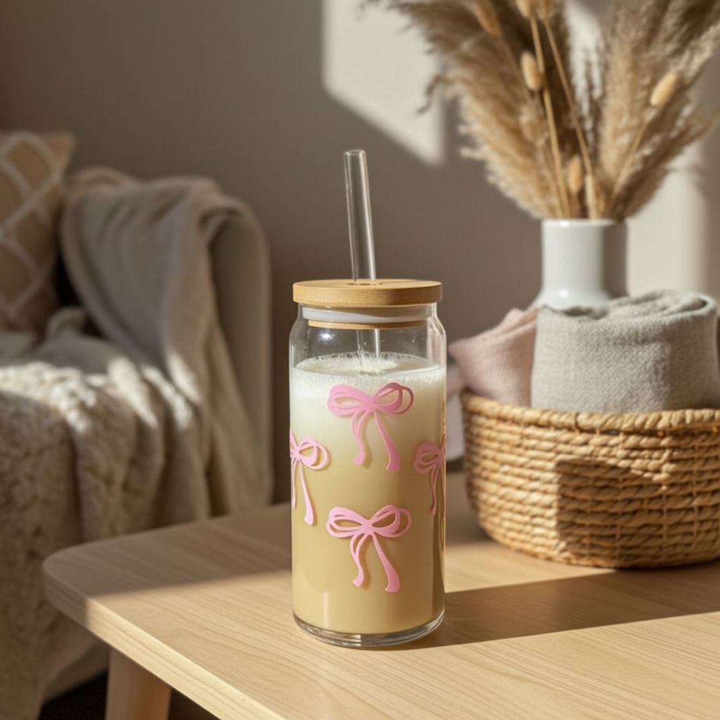 Pink bows glass cup / 16oz glass cup / glass cup with bamboo lid and glass straw/ iced coffee cup 3 Pink bows glass cup 16oz glass cup glass cup with bamboo lid and glass straw iced coffee cup