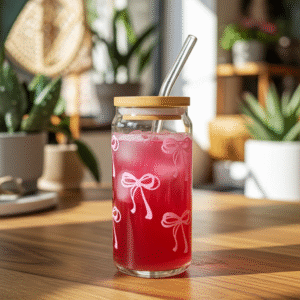 Pink bows glass cup 16oz glass cup glass cup with bamboo lid and glass straw iced coffee cup