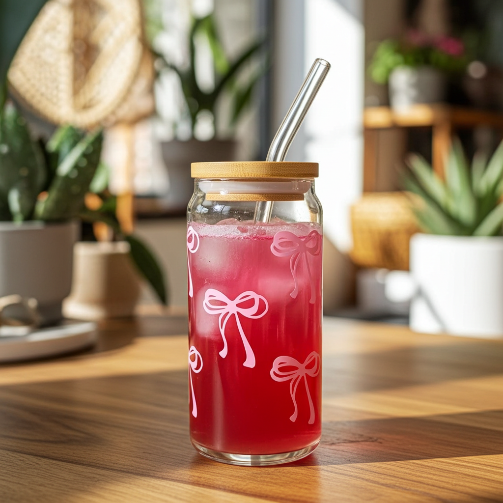 Pink bows glass cup / 16oz glass cup / glass cup with bamboo lid and glass straw/ iced coffee cup 1 Pink bows glass cup 16oz glass cup glass cup with bamboo lid and glass straw iced coffee cup