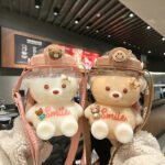 1pcs Bear Cute Aesthetic Water Bottle with Straw 1000ml, Leak Proof, Rectangle PC (Polycarbonate) Material, Hand Wash Only, PVC Free