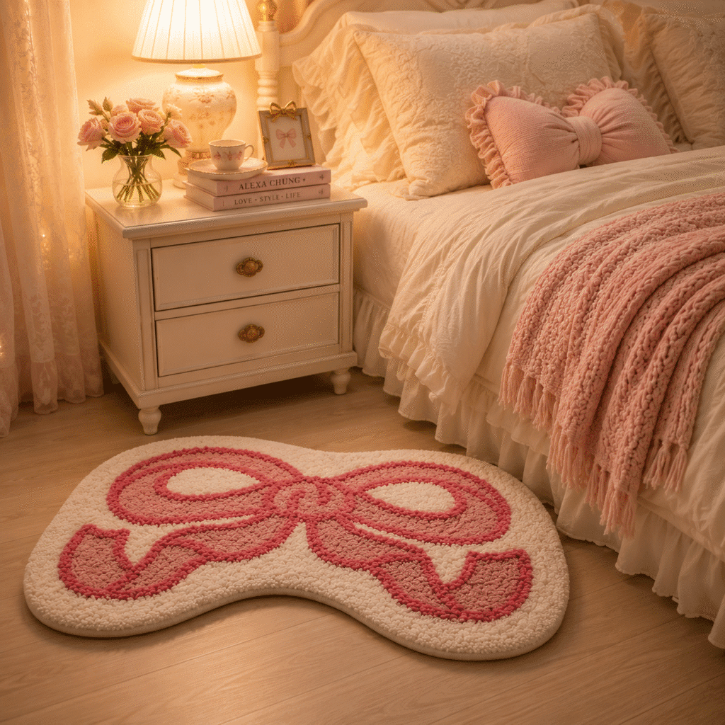 white and pink bow rug