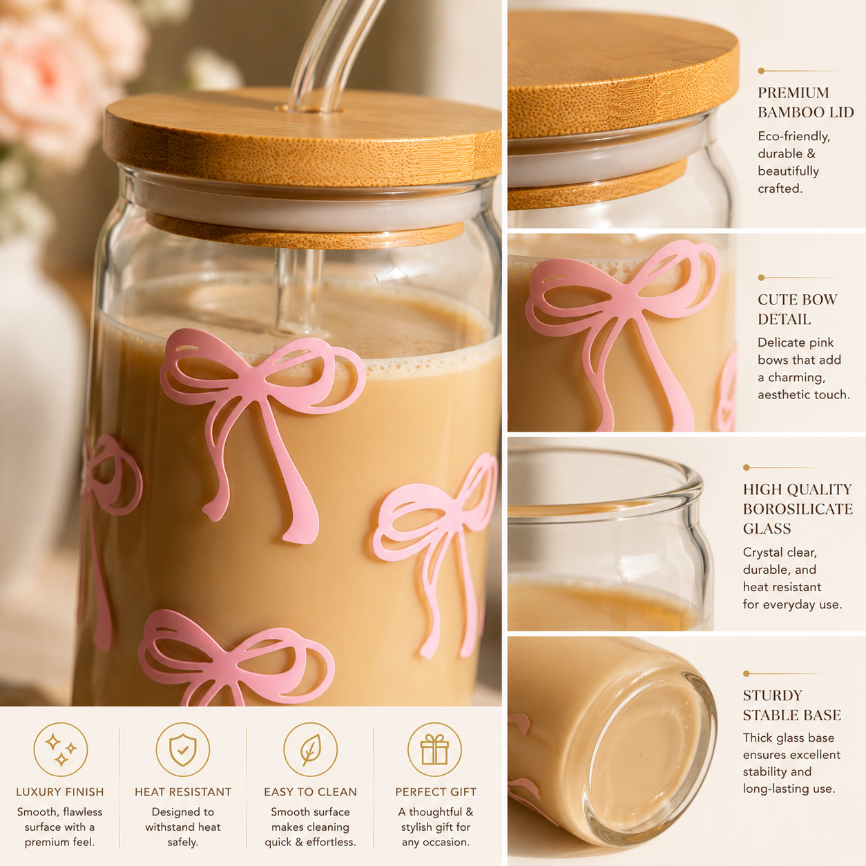 Pink Bow Glass Cup - Image 4