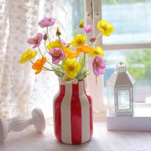 Modern Minimalist Ceramic Vase With White Base And Black-red Stripes