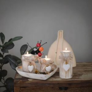 Antique-style Wooden Heart Candle Holder Set