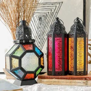 American Rustic Iron Stained Glass Candle Holder Ornament
