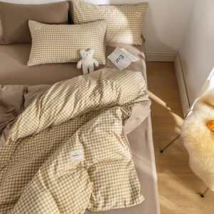 Reversible Gingham Duvet Cover Set 90GSM Microfiber Printed With Pillowcases